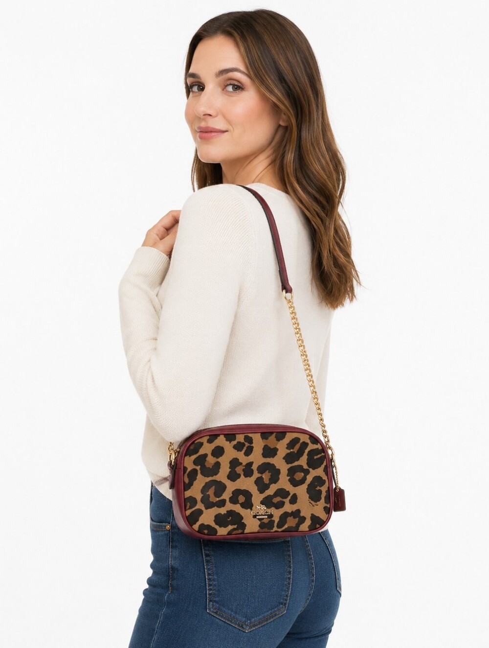 🔅♦Coach Vintage Leopard Print Wine Red Trimmed Cross Body Handbag- F39587